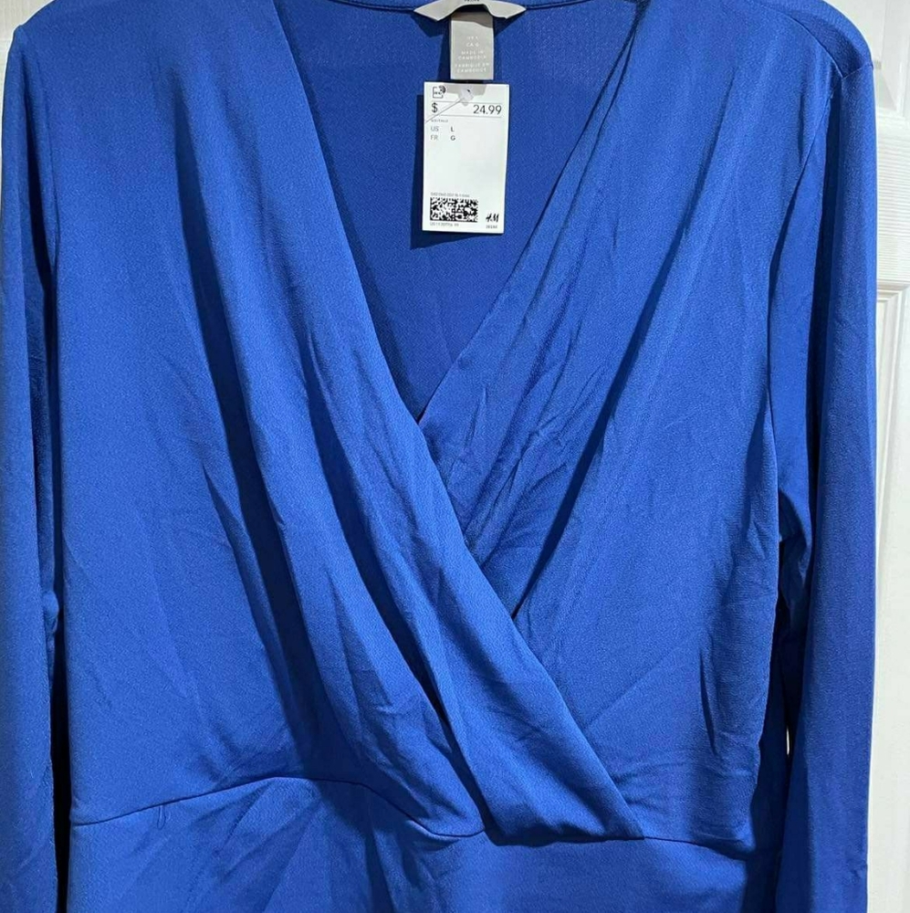 Blue Wrap Long Sleeved Banded Blouse